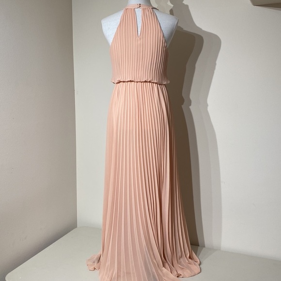 bebe Louisa Necklace Detail Pleated maxi blouson dress in peach chiffon size 6P - Picture 7 of 14
